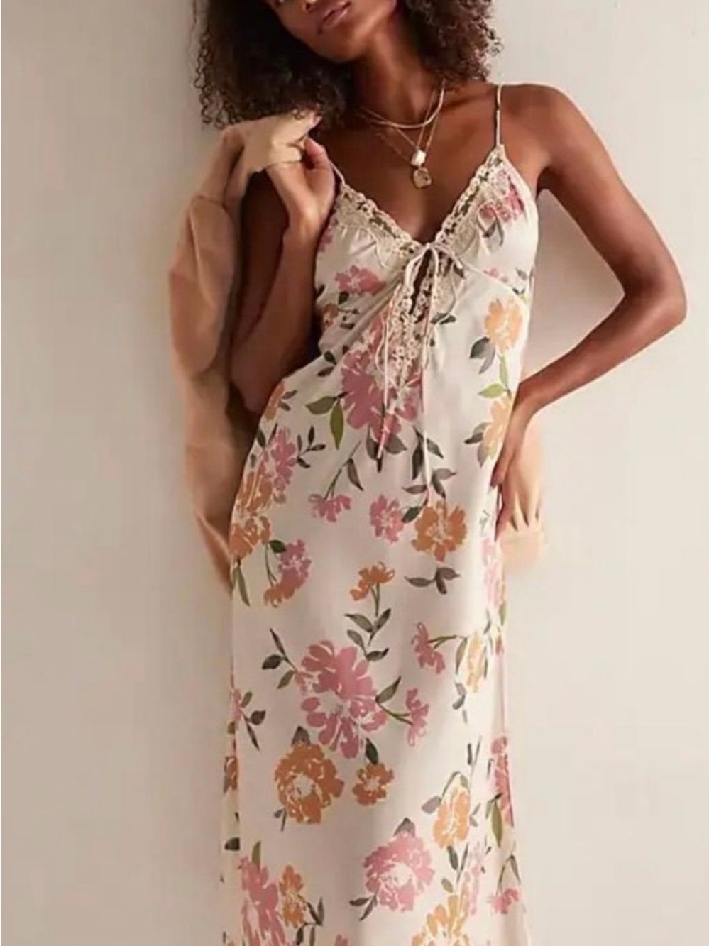 Free People Ivory Floral Lace-Trim Slip Dress with Pink & Orange Blooms